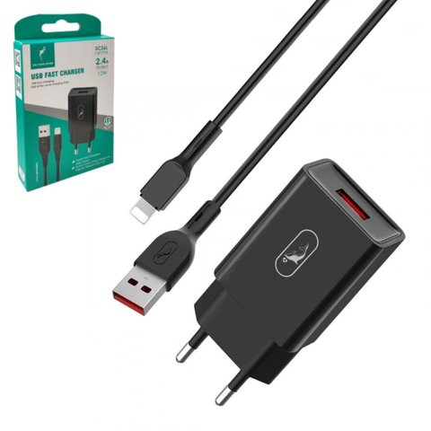 Мережевий зарядний пристрій SkyDolphin SC36L, 12 Вт, чорний, з кабелем Lightning для Apple, 1 порт
