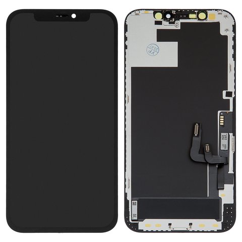 Дисплей для iPhone 12, iPhone 12 Pro, черный, с рамкой, HC, с пластиками камеры и датчика приближения, OLED , GK OEM hard