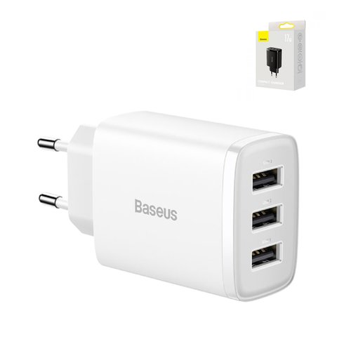 Мережевий зарядний пристрій Baseus Compact Charger, 220 В, біле, USB тип A, 17 Вт, 3 порта, #CCXJ020102